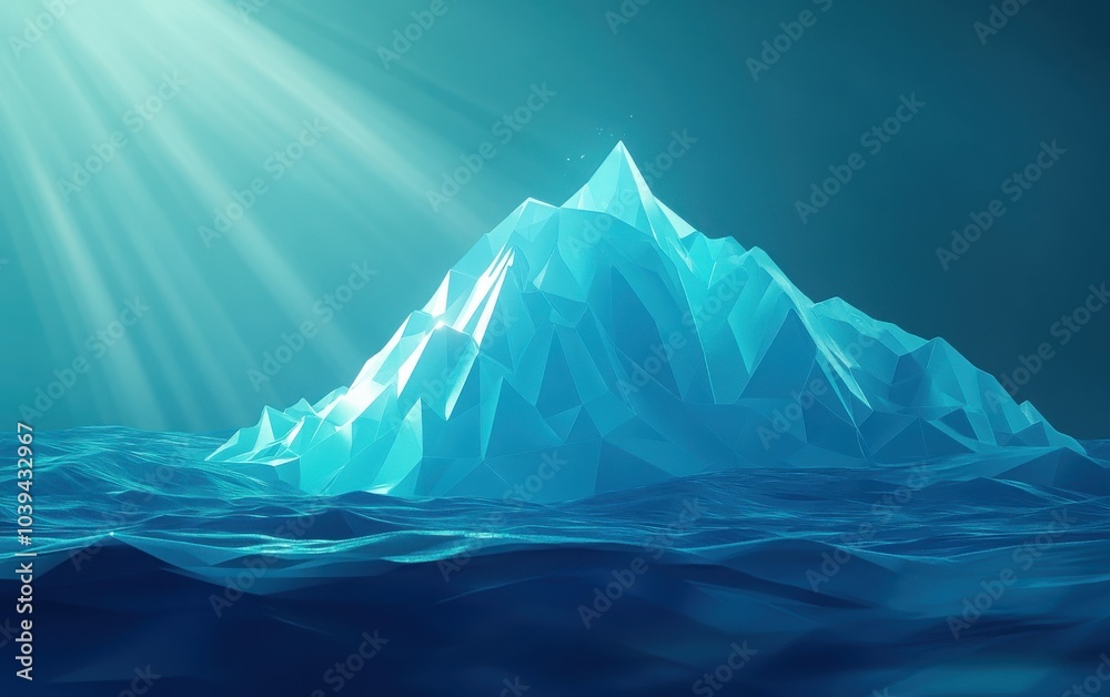 custom made wallpaper toronto digitalAn engaging illustration of a low poly digital iceberg with a radiant glow and shine, capturing the concept of UX design levels