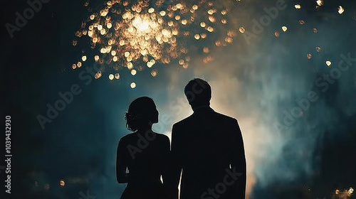 Japanese portrait of a beautiful fireworks display, with the silhouette of a man and woman couple looking up at it from behind