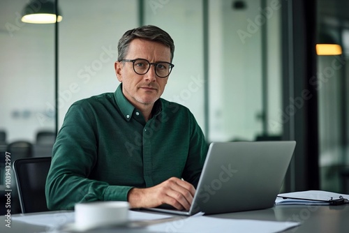  Middle-aged man with glasses working on a laptop at an office desk, blurred glass wall background, wide-angle professional photograph.