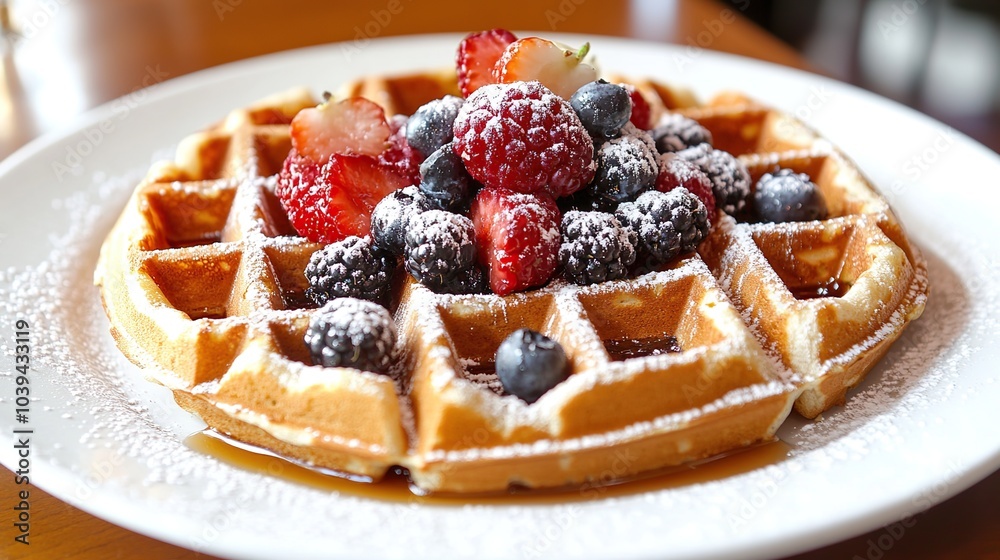 Delicious Belgian waffles with fresh berries on a white wooden table ready for breakfast or lunch Delicious Belgian waffles with fresh berries on a white wooden table ready for breakfast or lunch