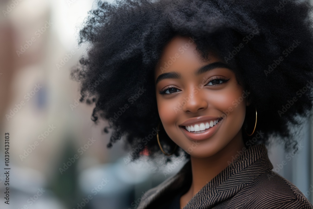 A woman with curly hair and gold earrings is smiling A woman with curly hair and gold earrings is smiling