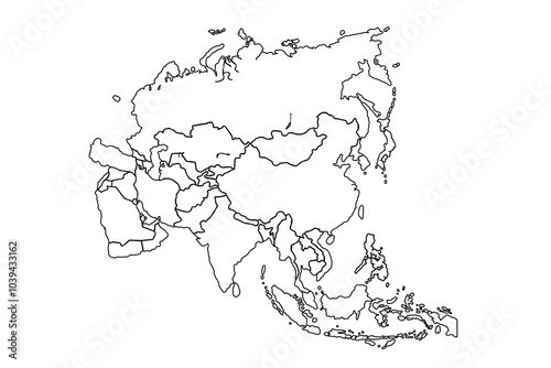 Asia map Outline, Linear Doodle Drawing. for website layouts,background,education, precise,customizable,Travel worldwide,map silhouette backdrop,earth geography, political,reports.