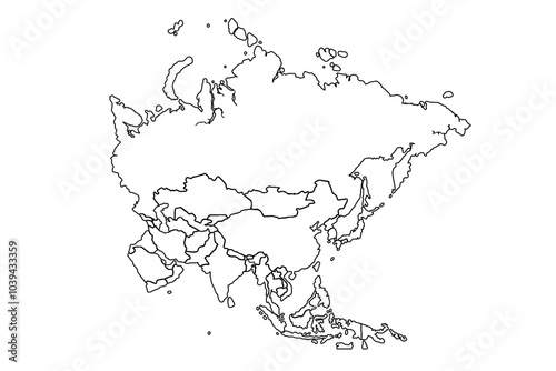 Asia map Outline, Linear Doodle Drawing. for website layouts,background,education, precise,customizable,Travel worldwide,map silhouette backdrop,earth geography, political,reports.