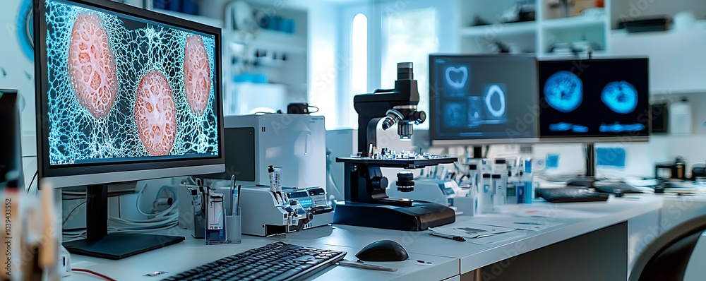 Digital dermatopathology lab depicted in 3D with state-of-the-art skin scanning tech.