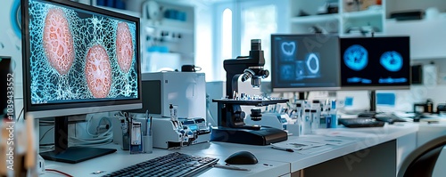 Obraz na płótnie Digital dermatopathology lab depicted in 3D with state-of-the-art skin scanning tech. w salonie