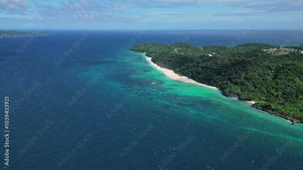 Aerial view of a beautiful quiet tropical sandy beach, Puka Shell Beach, Boracay island, Philippines, 4k Aerial view of a beautiful quiet tropical sandy beach, Puka Shell Beach, Boracay island, Philippines, 4k