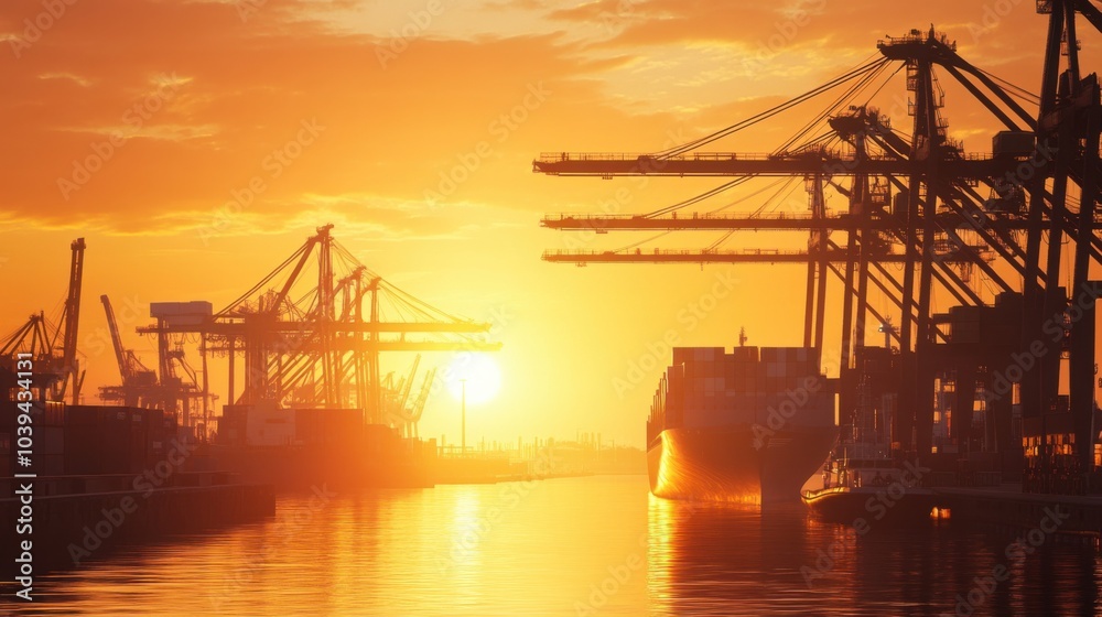 A bustling international port at dawn, where cargo ships are loaded with containers against a backdrop of a colorful sunrise, Symbolizing the global commerce expansion A bustling international port at dawn, where cargo ships are loaded with containers against a backdrop of a colorful sunrise, Symbolizing the global commerce expansion
