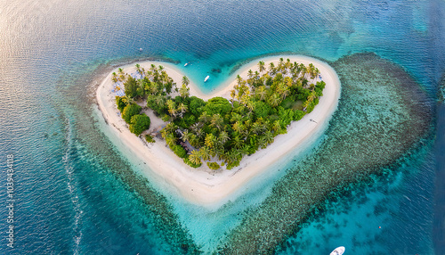 Aerial View of a Heart-Shaped Paradise Island with Turquoise Waters