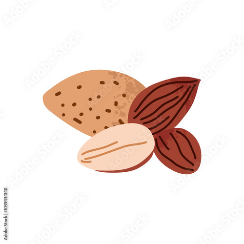 Cartoon almond. Nuts in shell and peeled pieces. Healthy food. Diet snack. Organic vegetarian element. Whole and half. Natural plant ingredient packaging design. Vector isolated illustration