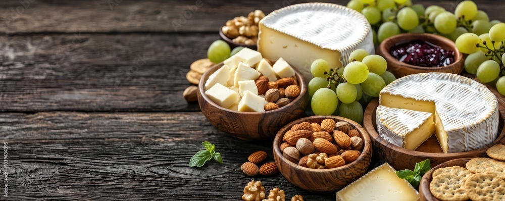 Delicious cheese platter with nuts, grapes, and dried fruits on rustic wooden table. Delicious cheese platter with nuts, grapes, and dried fruits on rustic wooden table.