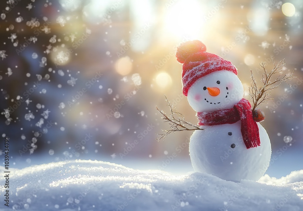 Snowman with red hat and scarf carrying branches in a snowy winter forest, Christmas card style with sun shining and falling snowflakes.