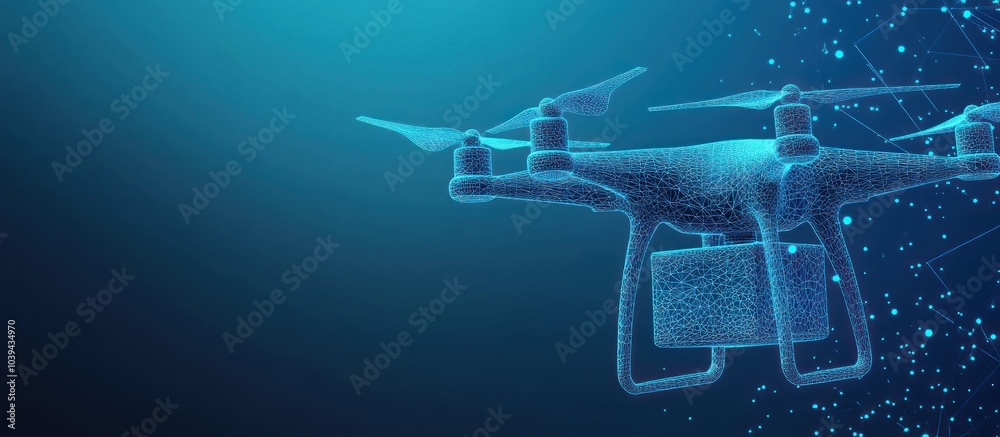 drone with package. Digital 3d quadcopter and parcel in dark blue. Air delivery service or modern drone with package. Digital 3d quadcopter and parcel in dark blue. Air delivery service or modern