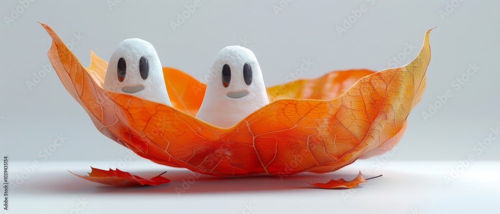 Naklejka premium Cute Ghosts Nestled in Autumn Leaves