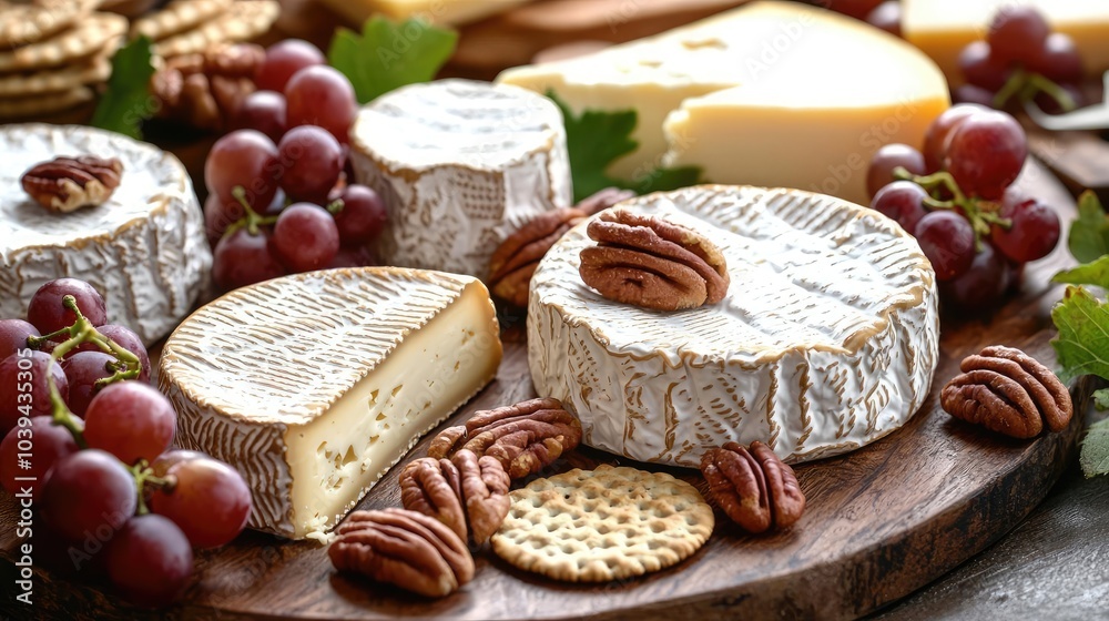 Assorted cheeses, grapes, nuts, and crackers on a wooden platter. Assorted cheeses, grapes, nuts, and crackers on a wooden platter.