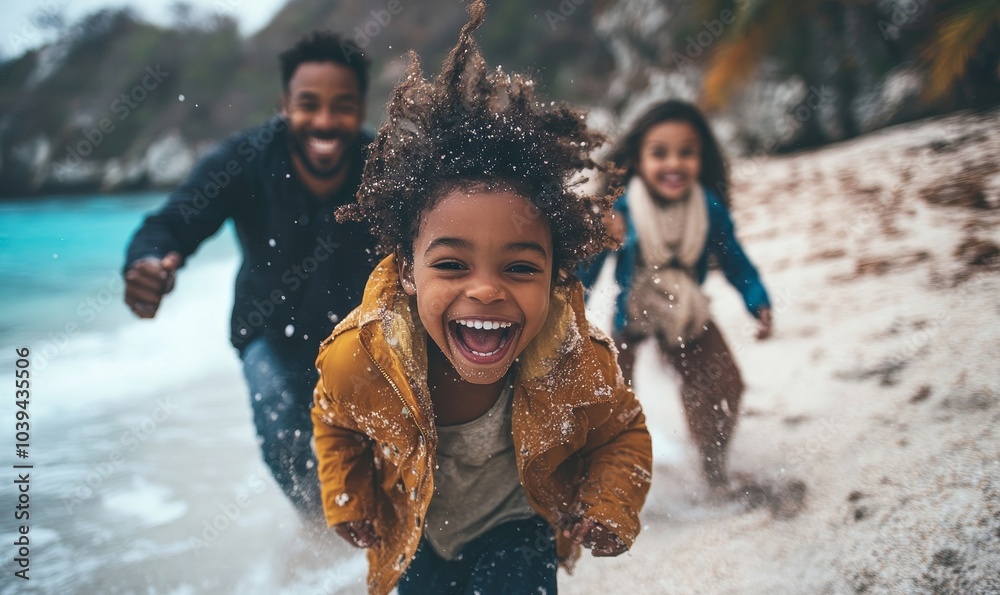 Young family playing on the beach, Generative AI