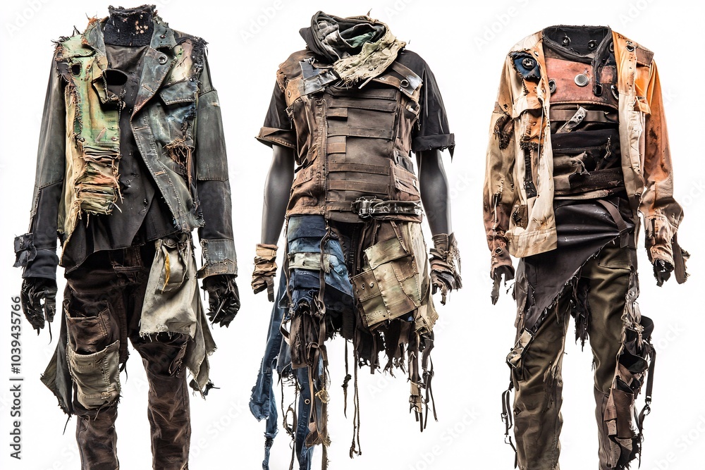 Fototapeta premium Post-apocalyptic fashion blends rugged designs with worn textures, protective elements, and distinctive accessories, capturing a raw survival spirit.