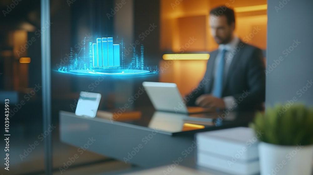 Futuristic holographic city display projection with businessman using laptop in the background Futuristic holographic city display projection with businessman using laptop in the background