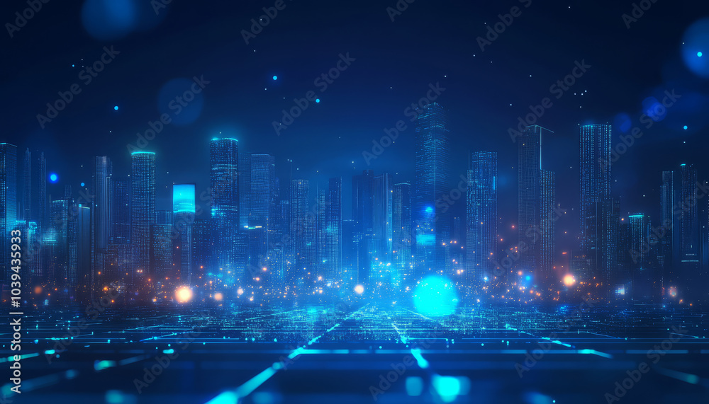 futuristic city skyline glows with blue technological lights, creating digital and innovative atmosphere. scene is filled with sense of modernity and advancement futuristic city skyline glows with blue technological lights, creating digital and innovative atmosphere. scene is filled with sense of modernity and advancement