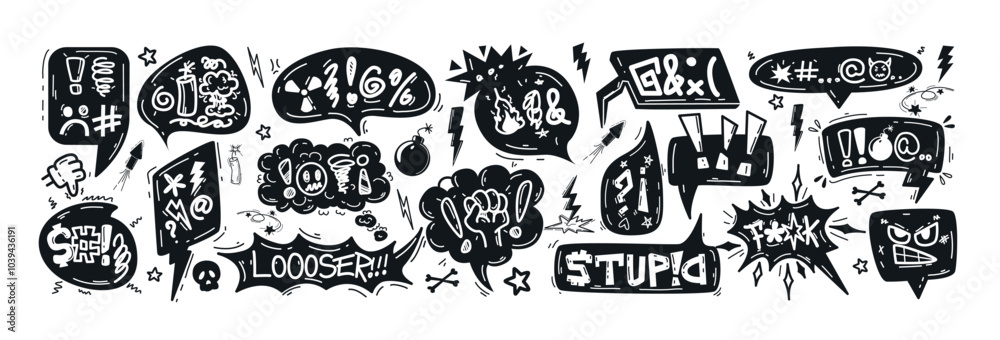 Hand drawn doodle sketch speech bubbles with insults, curses, swearwords, censored symbols. Bad words in talk frames, comic explosion boxes, dialog balloons for angry, negative expressions, frustrated Hand drawn doodle sketch speech bubbles with insults, curses, swearwords, censored symbols. Bad words in talk frames, comic explosion boxes, dialog balloons for angry, negative expressions, frustrated