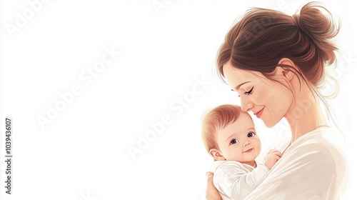 Happy young mother holding a cute baby, white background with copy space.
