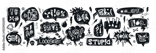 Hand drawn doodle sketch speech bubbles with insults, curses, swearwords, censored symbols. Bad words in talk frames, comic explosion boxes, dialog balloons for angry, negative expressions, frustrated