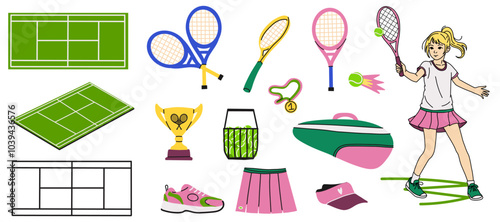 Tennis cartoon elements. Green field with lawn, ball, rackets, sneakers and cup. Young girl athlete. Sports equipment set. Competition court and hobby or professional game vector isolated illustration
