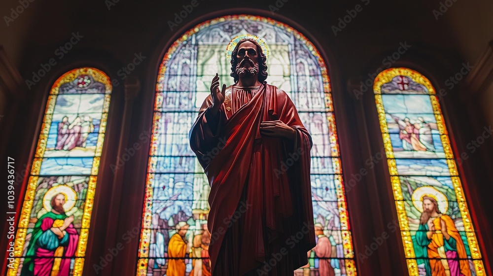 Naklejka premium Saint Chad majestically graces a historic church, surrounded by ornate stained glass that reflects the community's deep devotion and faith.