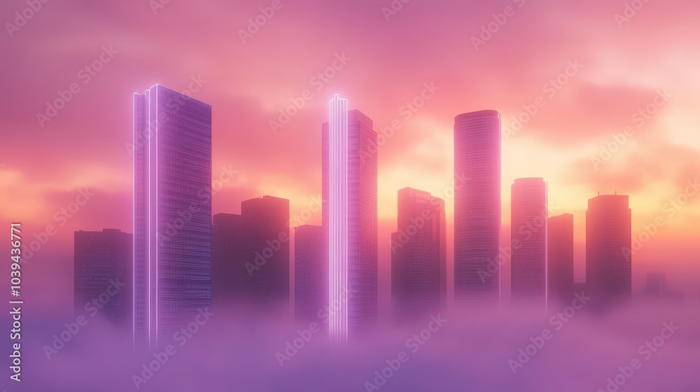 Fototapeta premium Futuristic city skyline at sunset