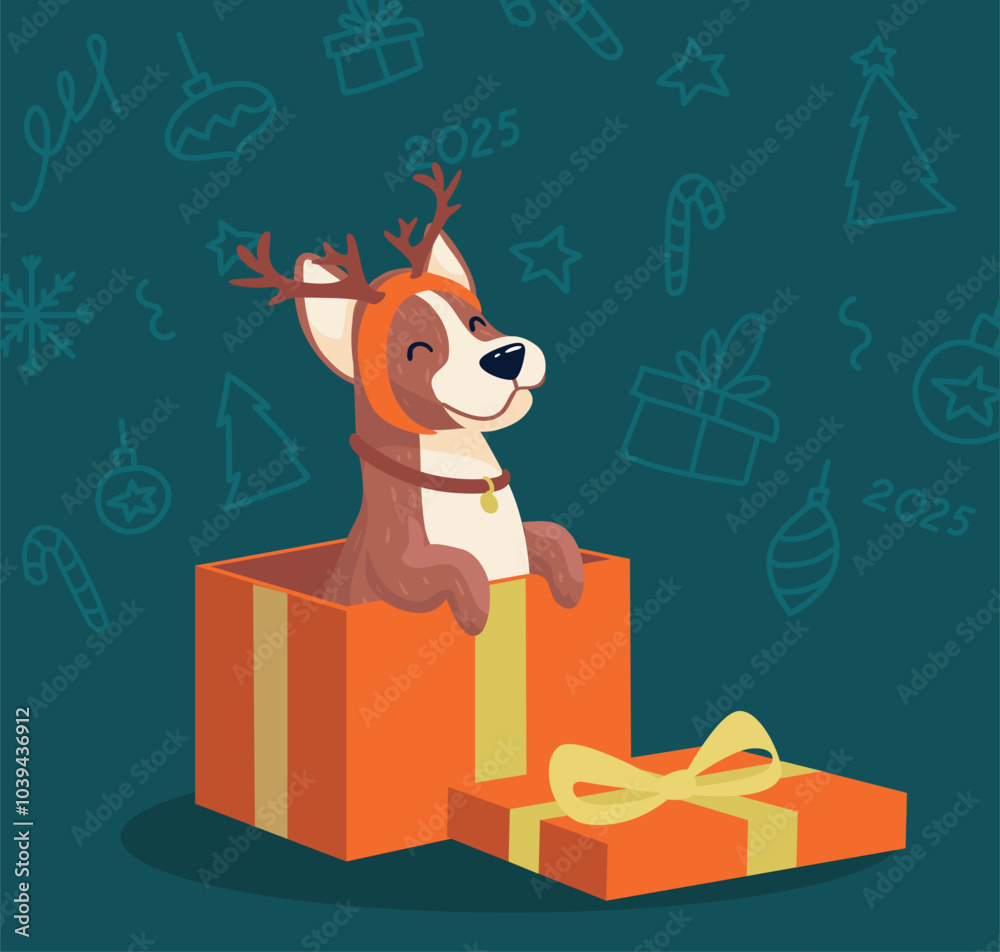 Cute dog in a hat with reindeer antlers is sitting inside gift box. Vector illustration Cute dog in a hat with reindeer antlers is sitting inside gift box. Vector illustration
