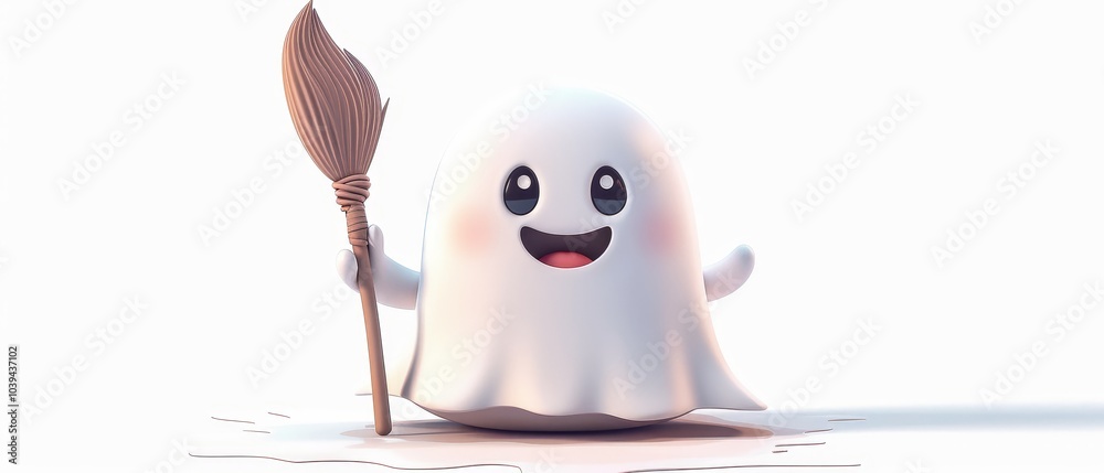 Fototapeta premium Cute Cartoon Ghost Character with Broomstick