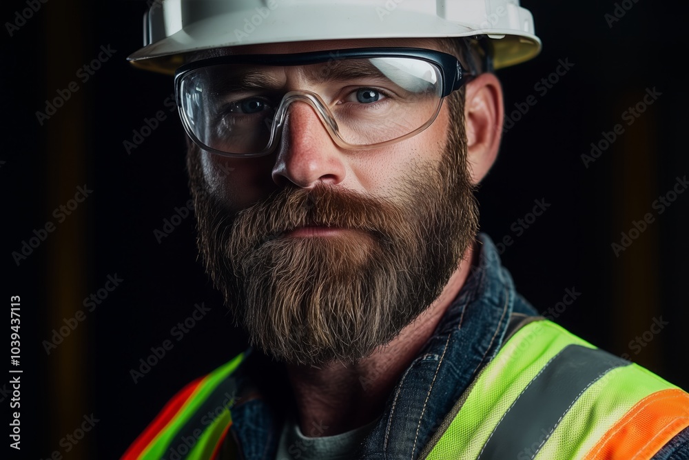 Fototapeta premium Portrait of a man with beard, worker wearing a construction clothing, safety glasses, white helmet, isolated on black background.