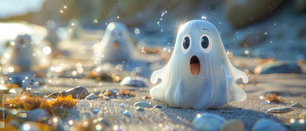 Obraz premium Adorable ghosts enjoying a sunny day on the beach surrounded by sparkling water and colorful seashells perfect for halloween cheer and fun imagery