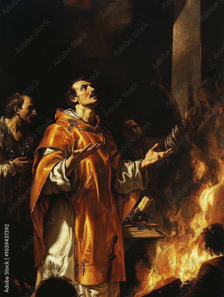Saint Lawrence of Rome is portrayed as a dignified martyr engulfed in flames, embodying his steadfast faith and divine grace. Saint Lawrence of Rome is portrayed as a dignified martyr engulfed in flames, embodying his steadfast faith and divine grace.
