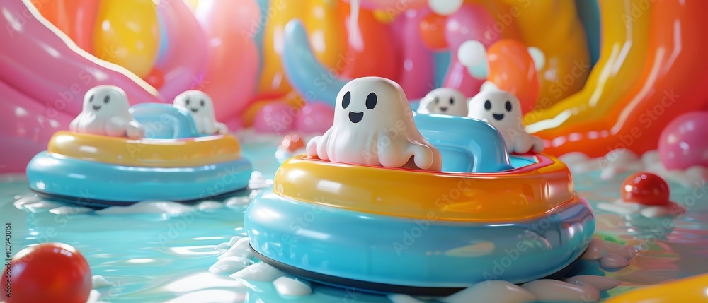 Obraz premium Whimsical ghostly fun explore the colorful world of playful spirits on floating boats in a vibrant bubble-popping wonderland