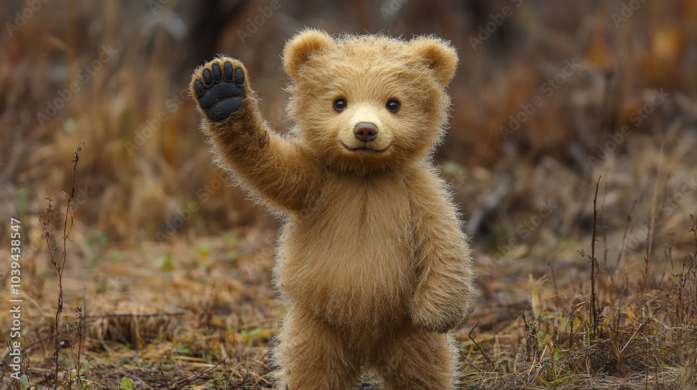 The bear raises its paw up The bear raises its paw up
