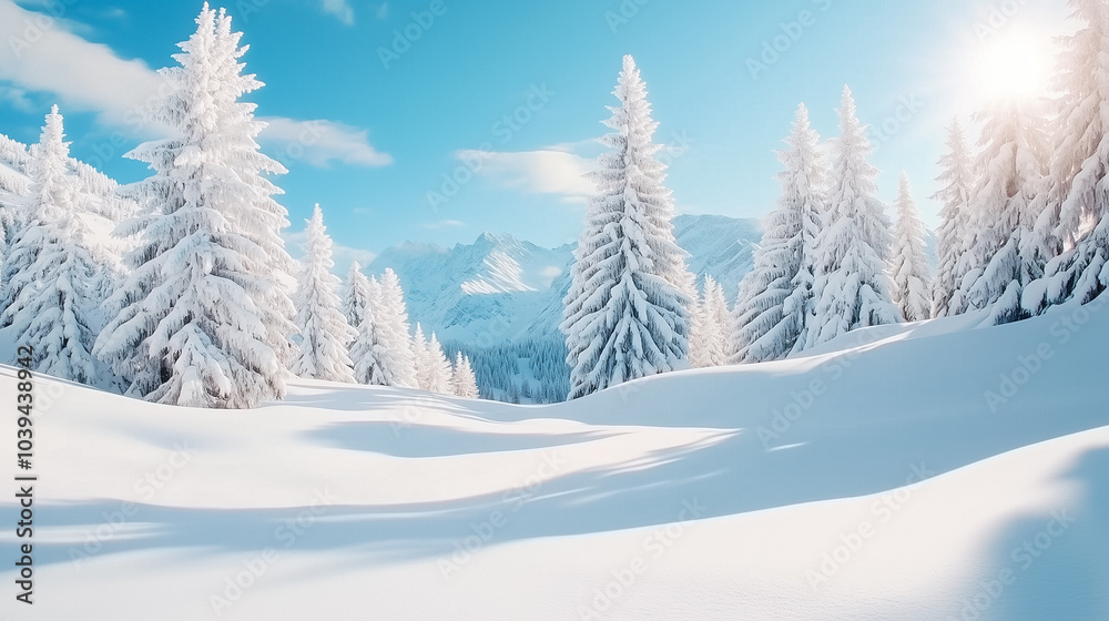Snow blankets the landscape, while tall trees stand covered in frost, illuminated by morning sunlight Snow blankets the landscape, while tall trees stand covered in frost, illuminated by morning sunlight