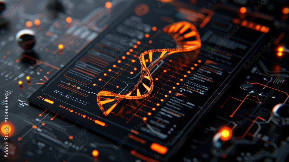Obraz premium 3D render of DNA double helix intertwined with digital data, showcasing futuristic design. vibrant orange helix stands out against dark, high tech background, evoking sense of innovation and