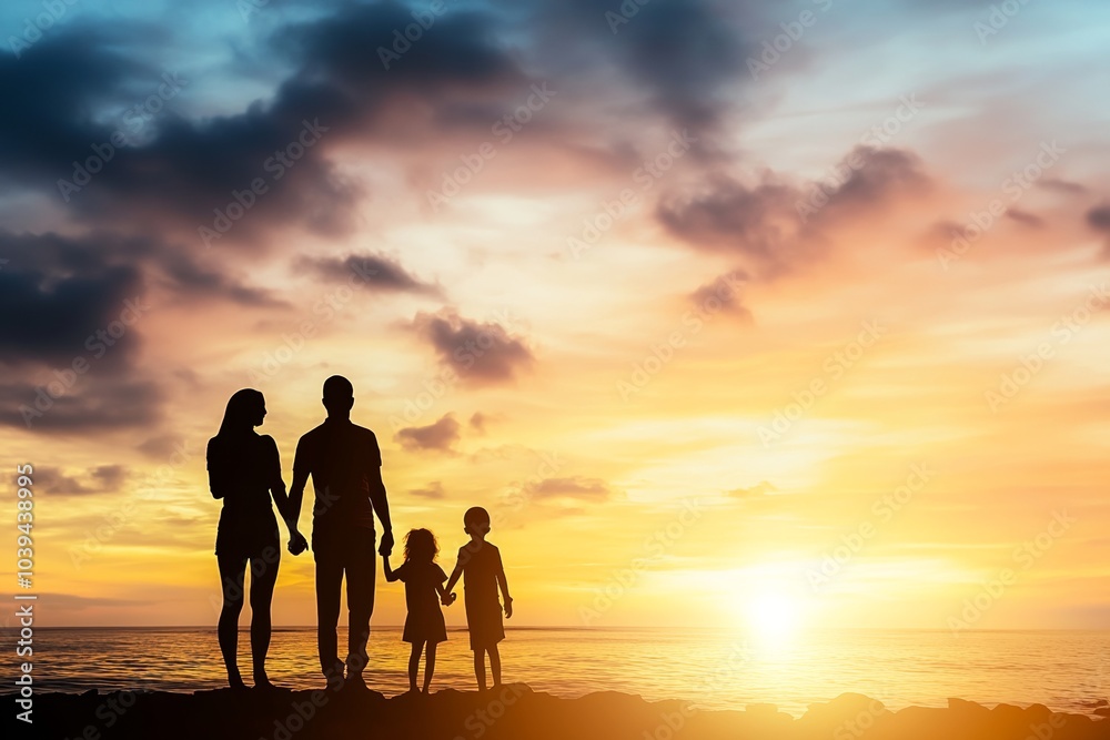 Silhouette of a family holding hands at sunset by the ocean, with space for text. Parents and children enjoy a beautiful sunset over the sea. Silhouette of a family holding hands at sunset by the ocean, with space for text. Parents and children enjoy a beautiful sunset over the sea.