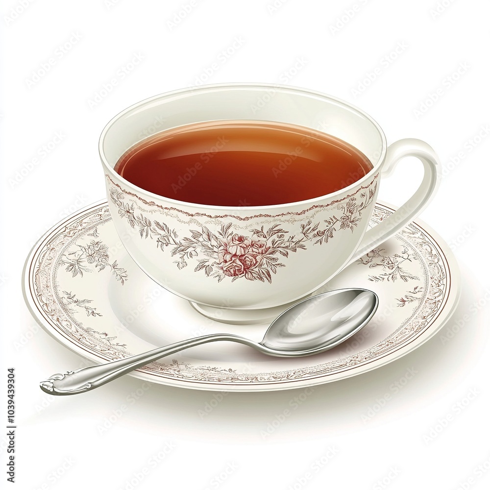 A delicate tea cup with a floral design, filled with black tea, resting on a matching saucer. A delicate tea cup with a floral design, filled with black tea, resting on a matching saucer.