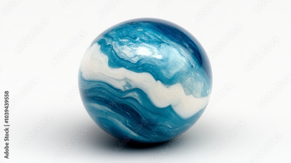  A blue-and-white marble ball rests atop a white surface, its base sporting a white and blue swirling pattern