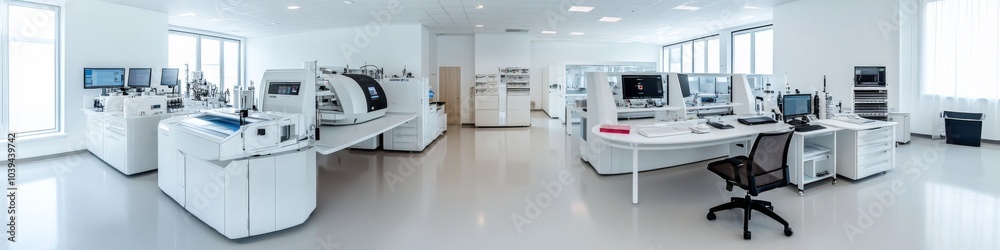 white laboratory with an electronic printing machine, computer, and other equipment on tables. white laboratory with an electronic printing machine, computer, and other equipment on tables.