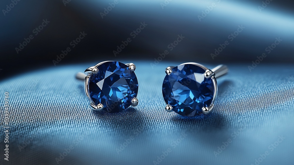 Pair of sapphire studs with deep blue hues placed on a simple minimalistic background focusing on the richness of the gemstone and refined craftsmanship Pair of sapphire studs with deep blue hues placed on a simple minimalistic background focusing on the richness of the gemstone and refined craftsmanship