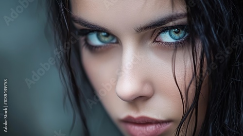  A tight shot of a woman's face with long black tresses and expressive blue eyes framed by blue eyeshadow