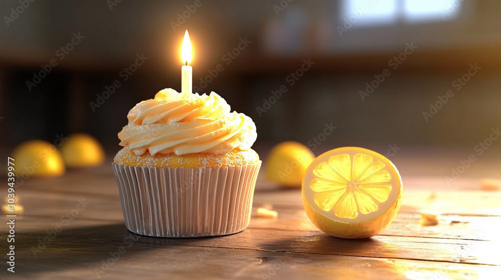 a lemon cupcake with birthday candle on top a lemon cupcake with birthday candle on top