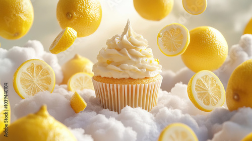 a cupcake with lemon and clouds background