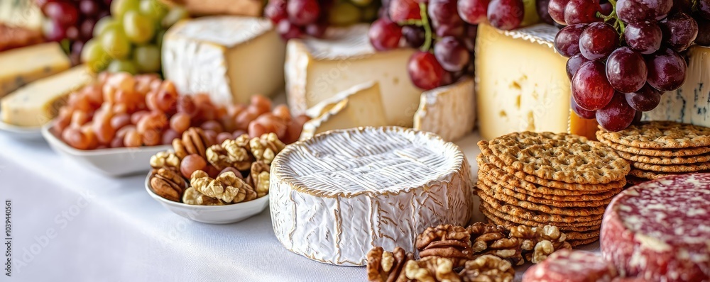 Variety of cheeses, fruits, nuts, and crackers on a banquet table. Variety of cheeses, fruits, nuts, and crackers on a banquet table.