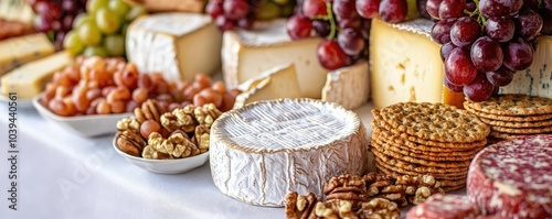 Variety of cheeses, fruits, nuts, and crackers on a banquet table.