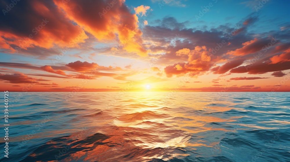 Fototapeta premium The sun setting on the horizon, casting golden hues over the calm sea and blue sky