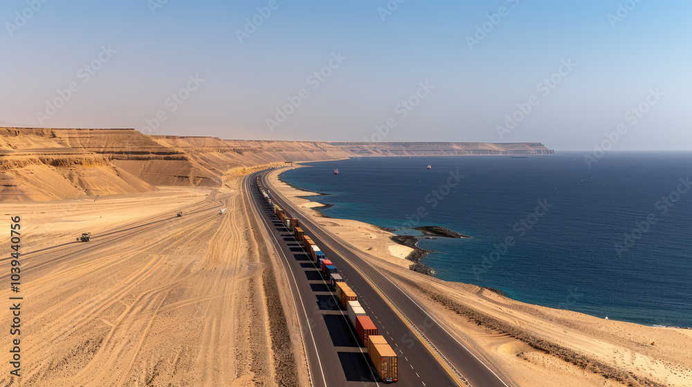 busy cargo port in coastal desert showcases long line of shipping containers along winding road beside ocean. scene captures blend of industry and nature, highlighting vastness of landscape busy cargo port in coastal desert showcases long line of shipping containers along winding road beside ocean. scene captures blend of industry and nature, highlighting vastness of landscape