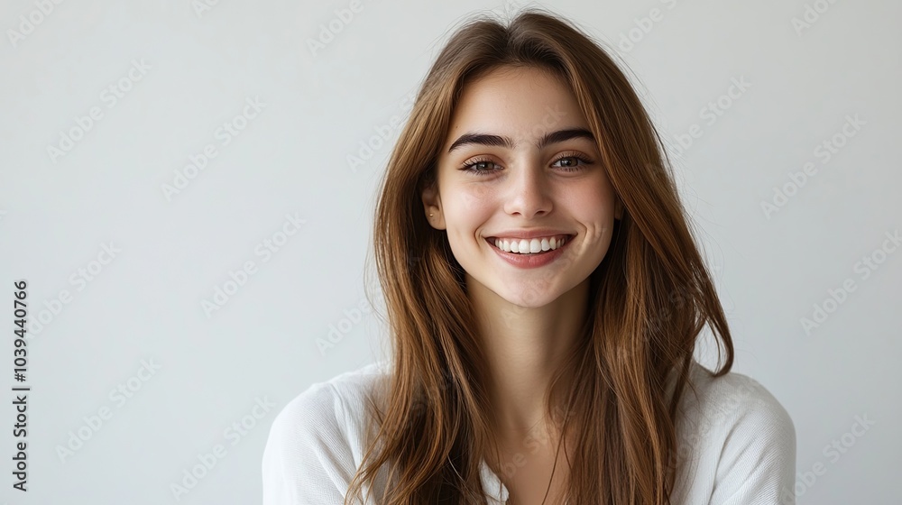 Happy young woman smiling happily while looking at camera on white wall background Happy young woman smiling happily while looking at camera on white wall background